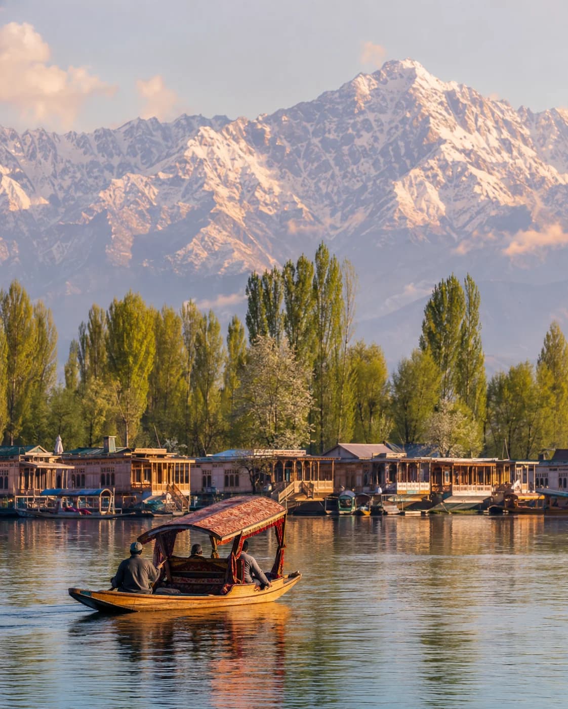 A shikara crossing Dal Lake beneath Kashmir's mountains