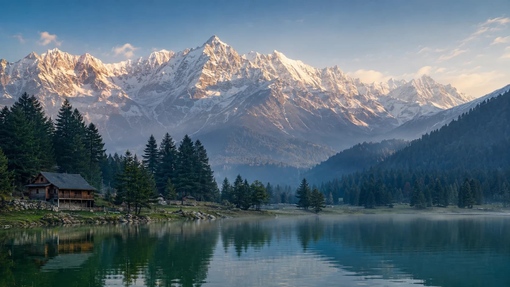 Sunlit snow-capped mountains reflected in a Kashmir lake